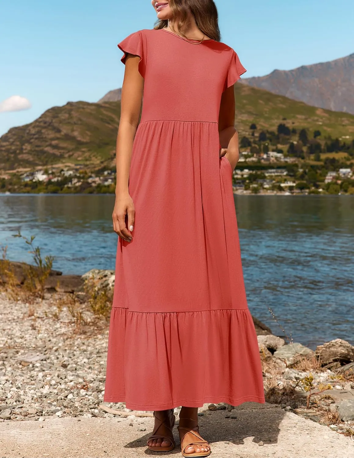 ZESICA Women's Summer Casual Dresses Flutter Short Sleeve Crewneck Loose Flowy Tiered Beach Maxi Dress with Pockets