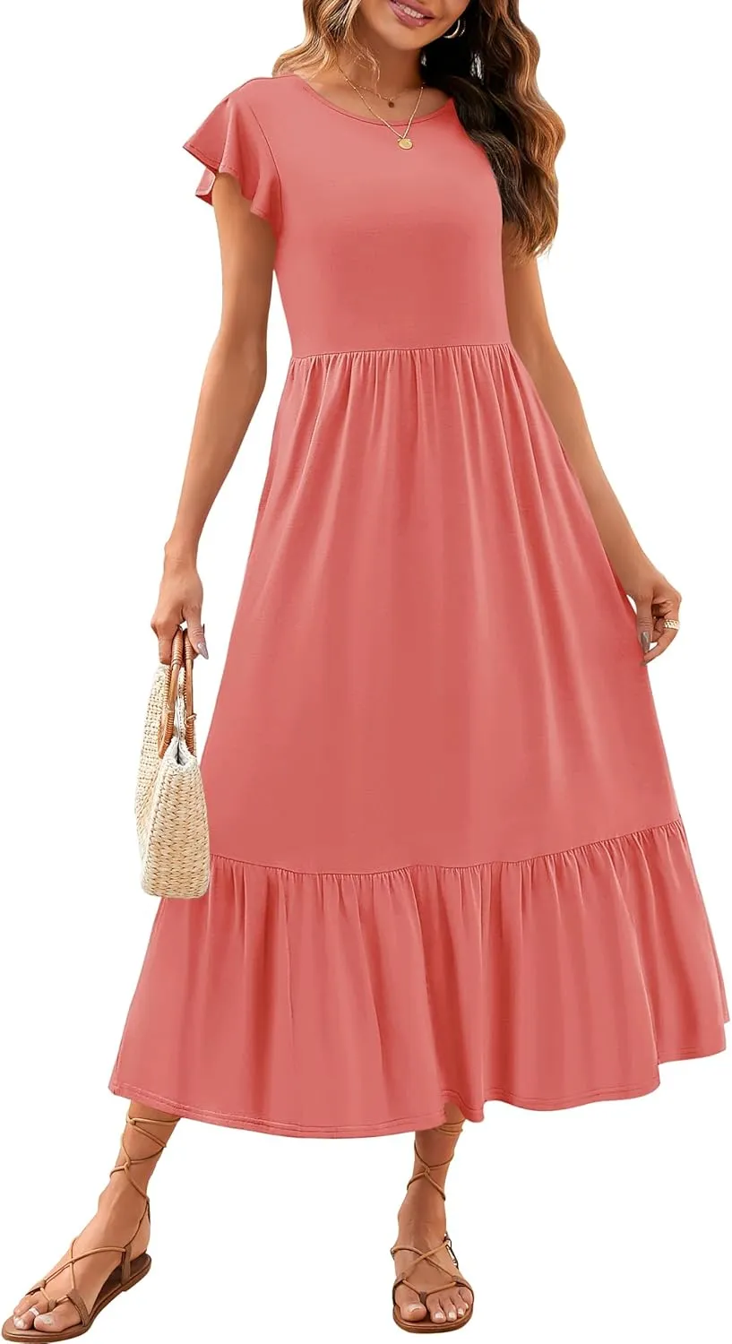ZESICA Women's Summer Casual Dresses Flutter Short Sleeve Crewneck Loose Flowy Tiered Beach Maxi Dress with Pockets