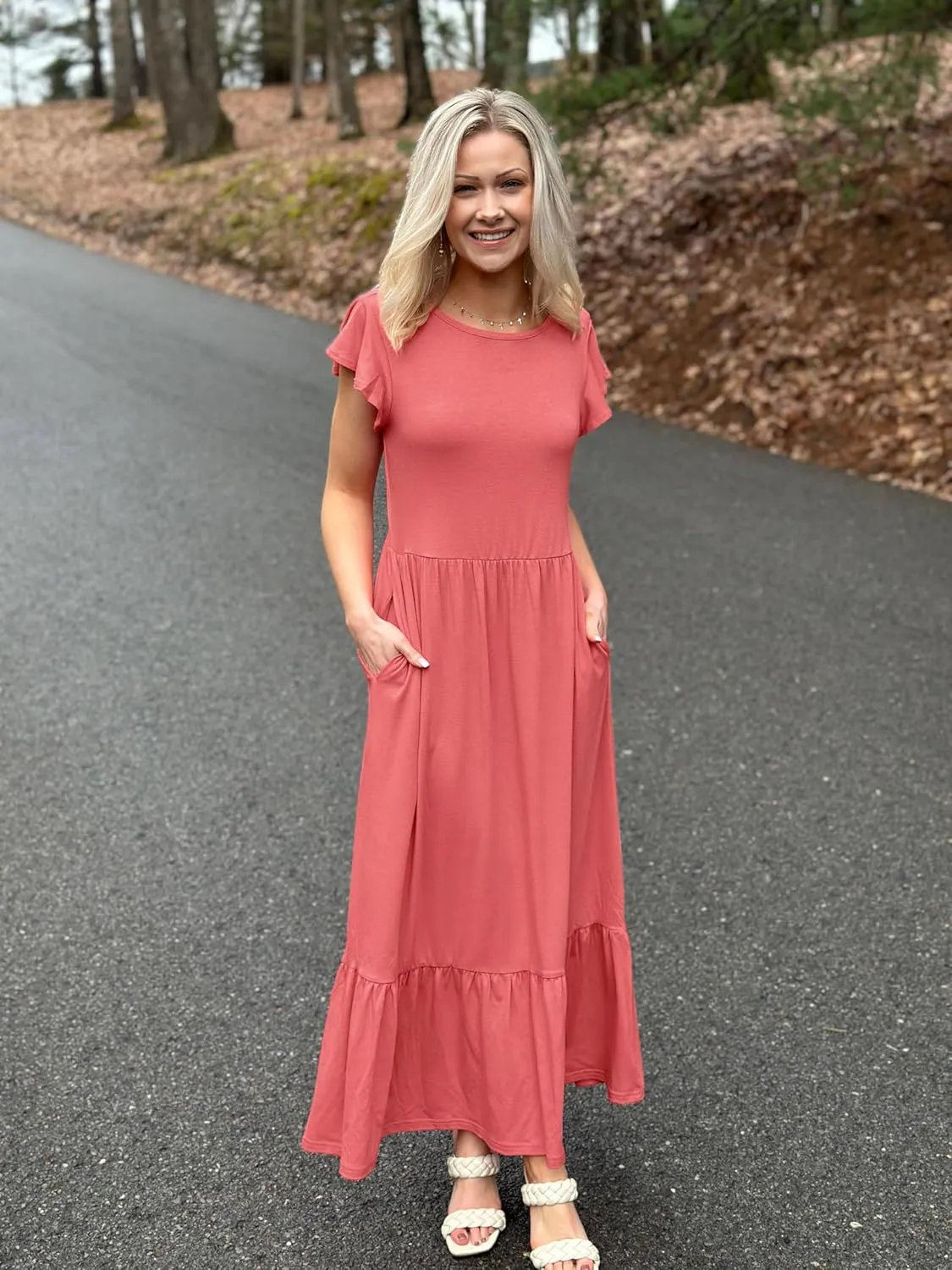 ZESICA Women's Summer Casual Dresses Flutter Short Sleeve Crewneck Loose Flowy Tiered Beach Maxi Dress with Pockets