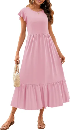 ZESICA Women's Summer Casual Dresses Flutter Short Sleeve Crewneck Loose Flowy Tiered Beach Maxi Dress with Pockets