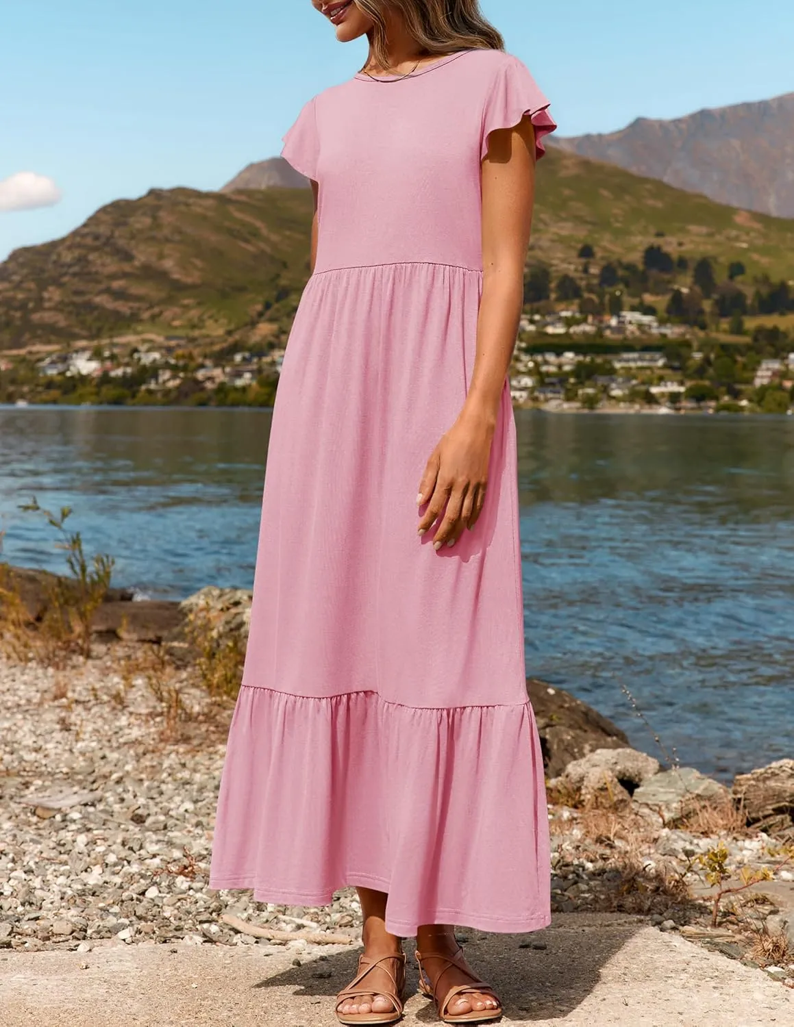 ZESICA Women's Summer Casual Dresses Flutter Short Sleeve Crewneck Loose Flowy Tiered Beach Maxi Dress with Pockets
