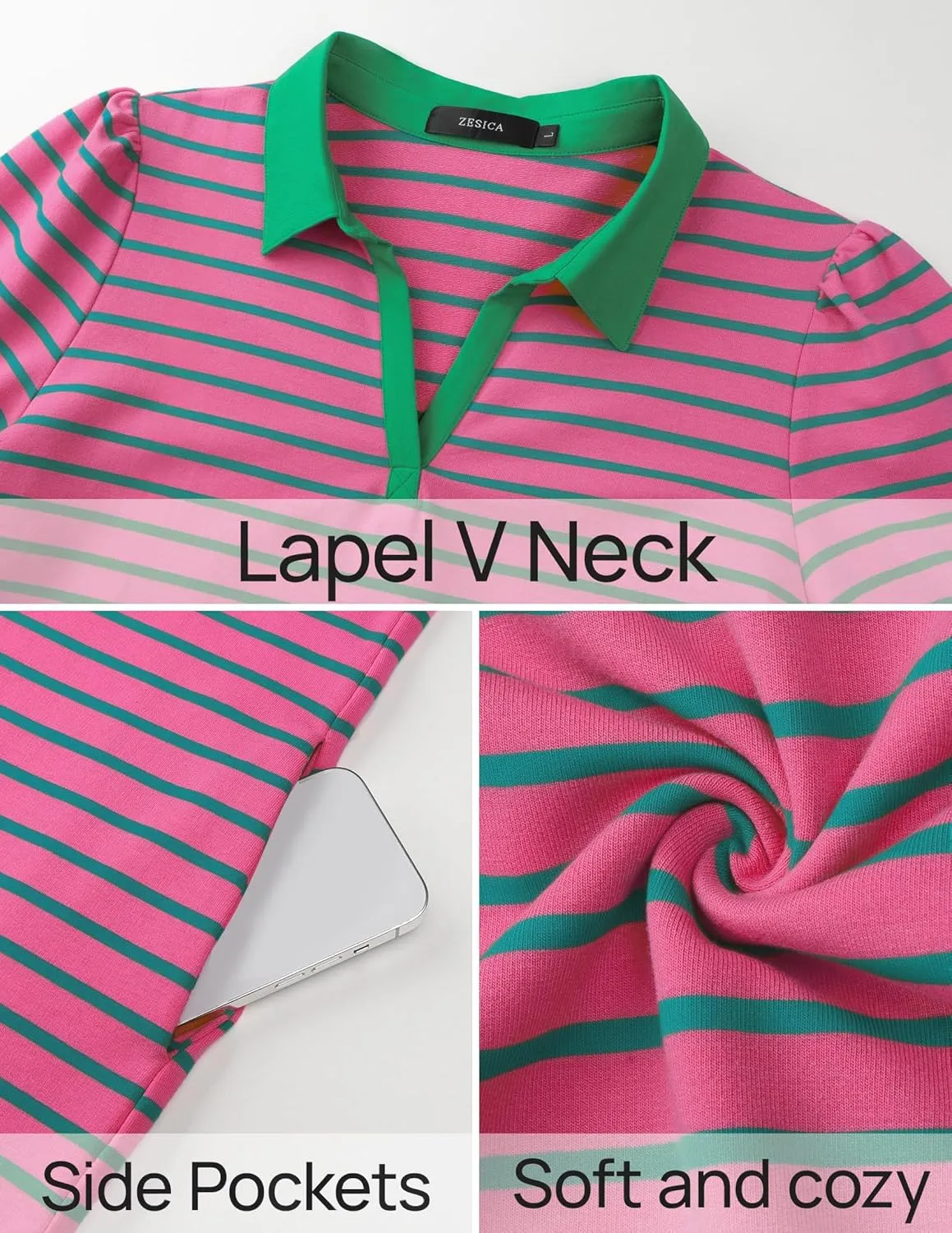 ZESICA Women's Summer Casual Striped Mini Dresses 2025 Lapel V Neck Short Sleeve Flowy A Line T Shirt Dress