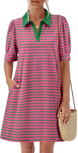 ZESICA Women's Summer Casual Striped Mini Dresses 2025 Lapel V Neck Short Sleeve Flowy A Line T Shirt Dress