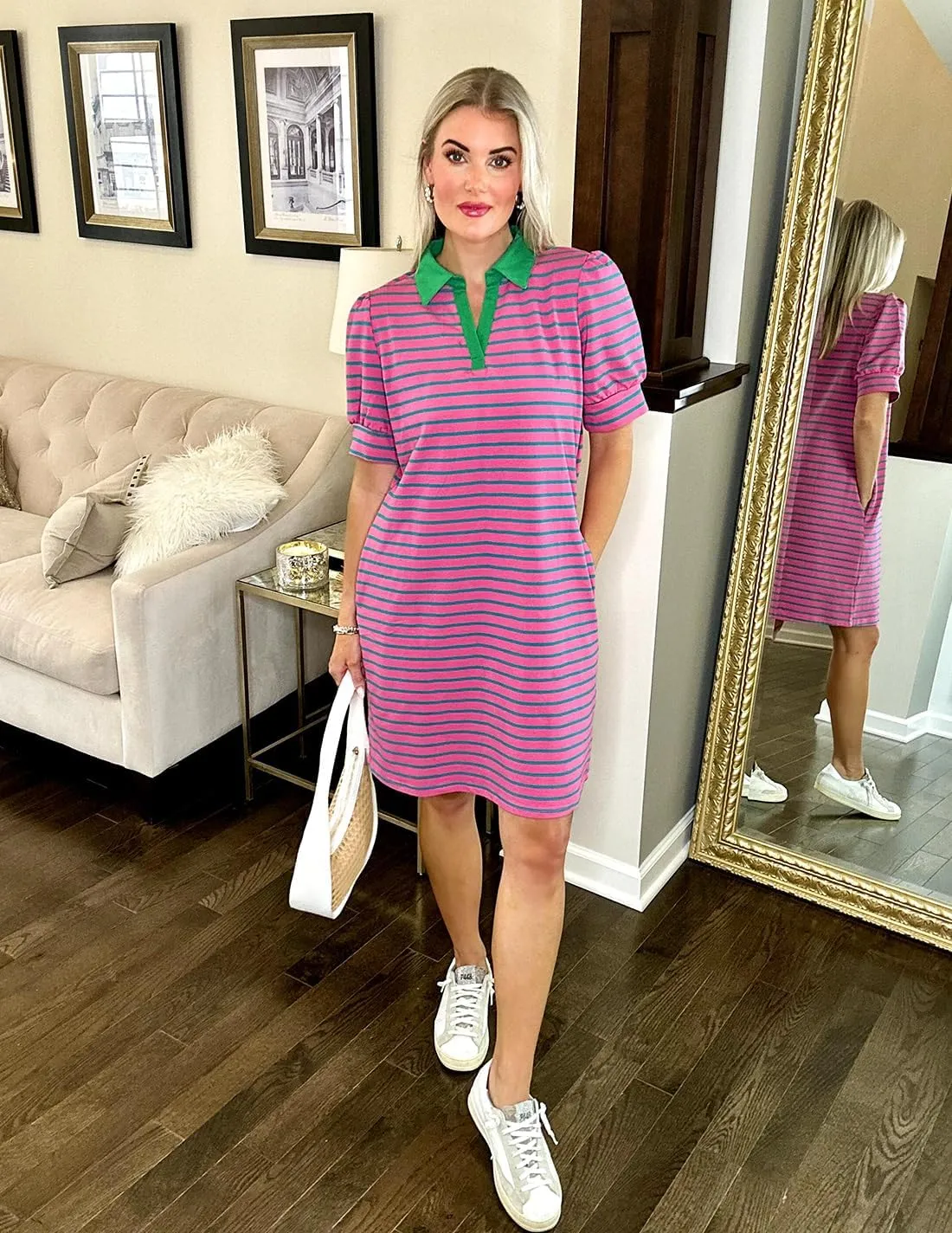ZESICA Women's Summer Casual Striped Mini Dresses 2025 Lapel V Neck Short Sleeve Flowy A Line T Shirt Dress