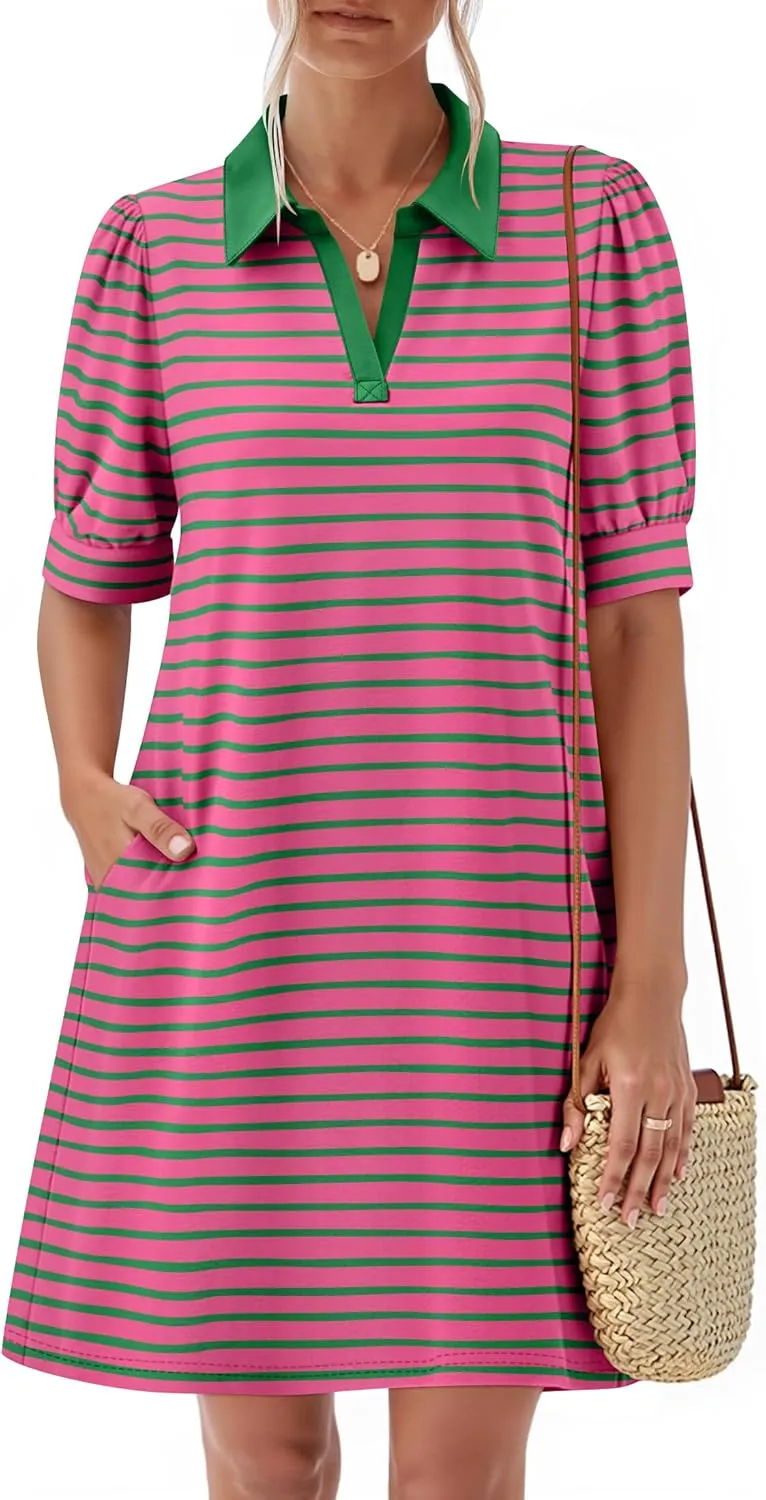 ZESICA Women's Summer Casual Striped Mini Dresses 2025 Lapel V Neck Short Sleeve Flowy A Line T Shirt Dress