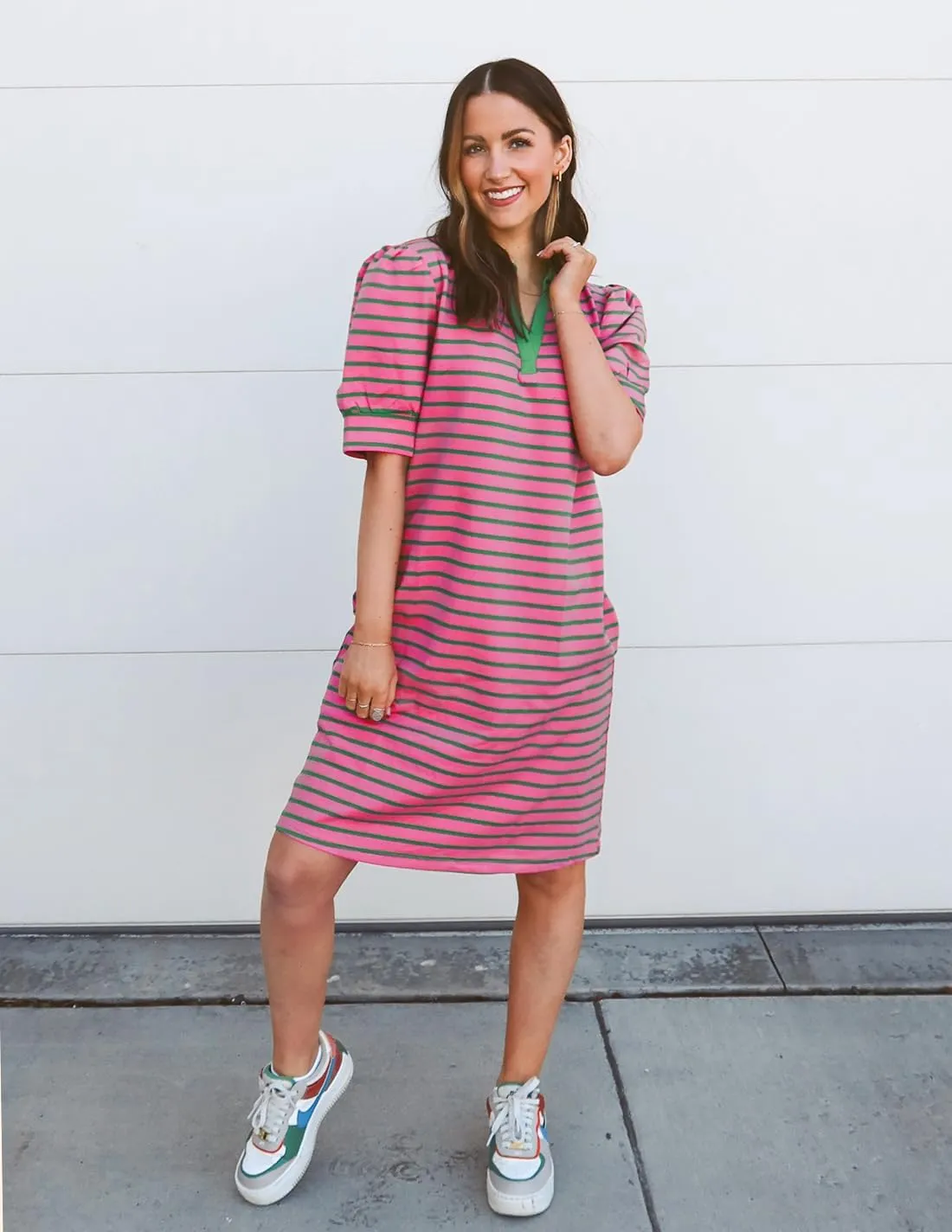 ZESICA Women's Summer Casual Striped Mini Dresses 2025 Lapel V Neck Short Sleeve Flowy A Line T Shirt Dress