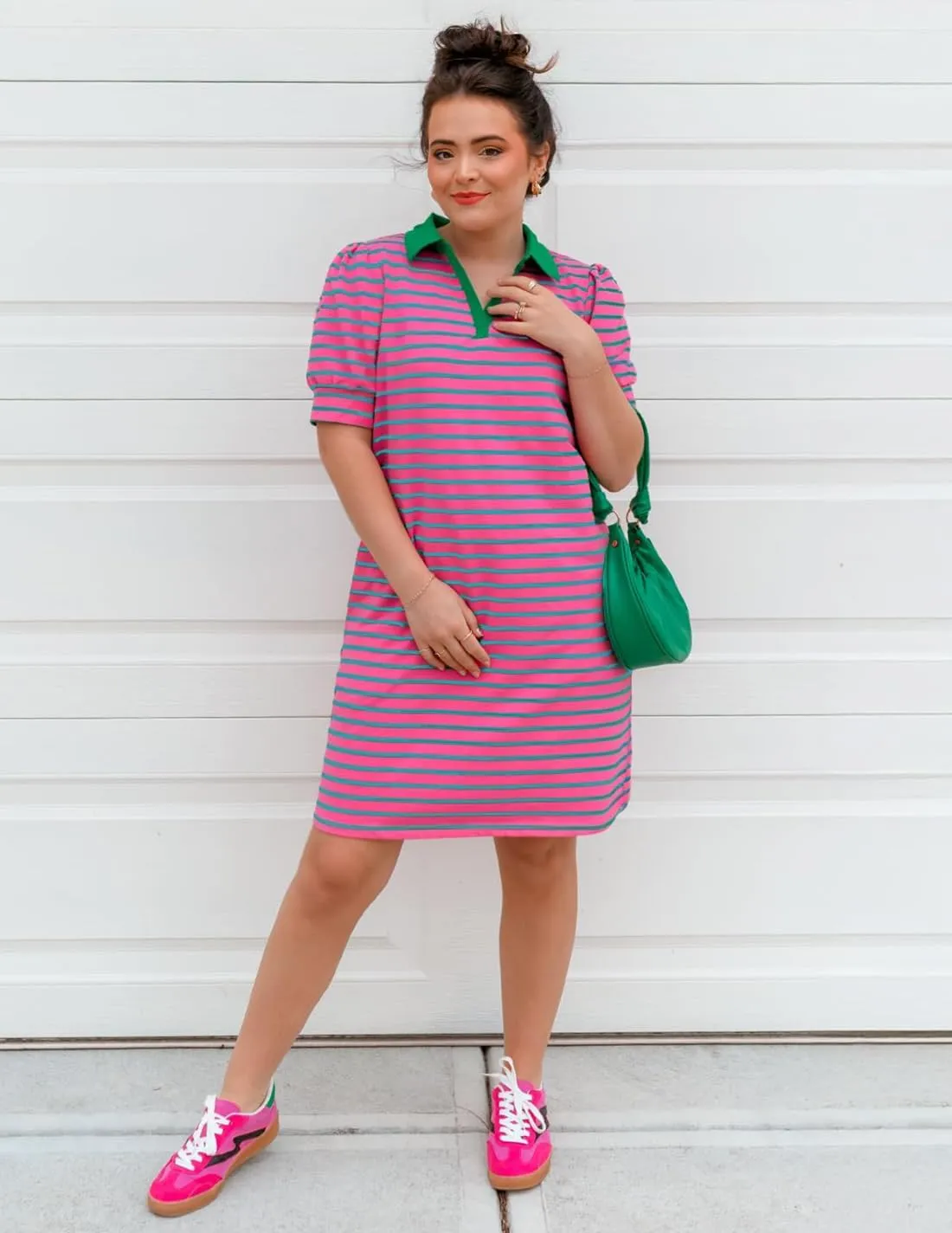 ZESICA Women's Summer Casual Striped Mini Dresses 2025 Lapel V Neck Short Sleeve Flowy A Line T Shirt Dress