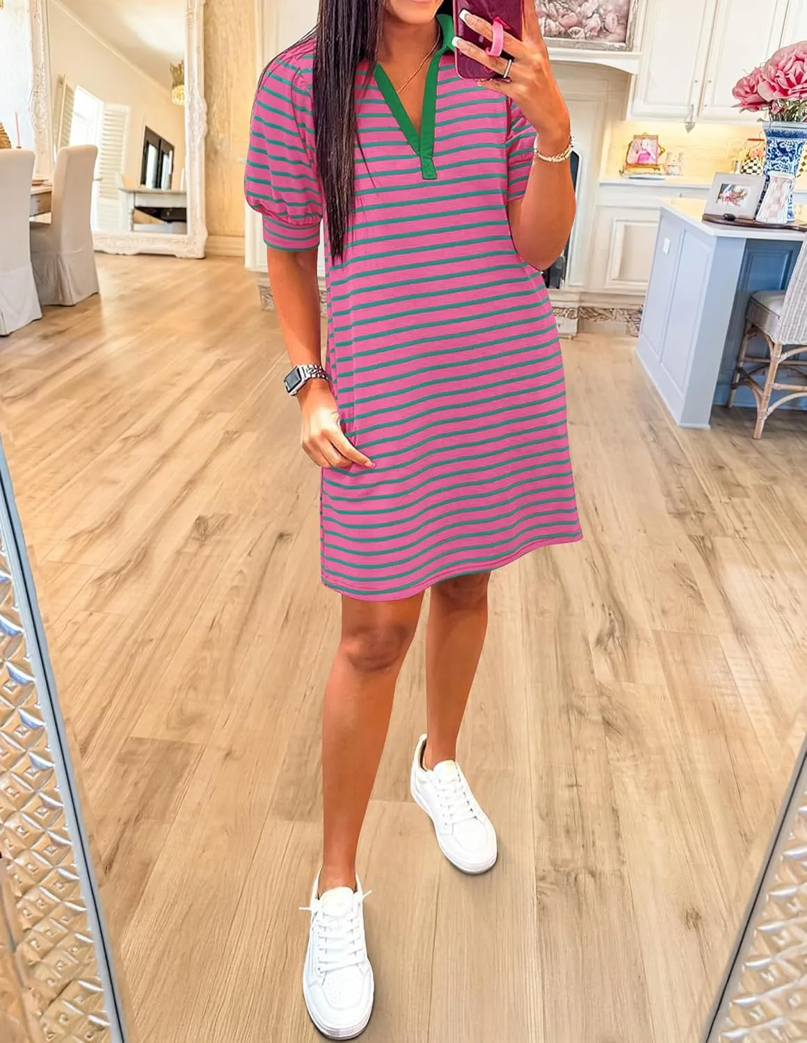 ZESICA Women's Summer Casual Striped Mini Dresses 2025 Lapel V Neck Short Sleeve Flowy A Line T Shirt Dress