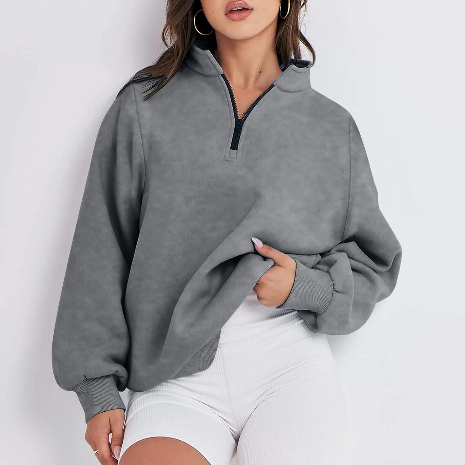 Zip Up Hoodies For Women Oversized Long Sleeve Crop Sweatshirt Quarter Zip Pullover Tops Fall Fashion Clothes 2023