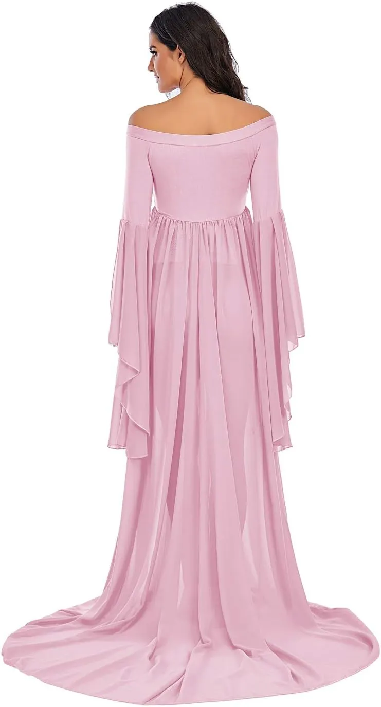 ZIUMUDY Off Shoulder Maternity Maxi Chiffon Dress for Photo Shoot Bell Sleeves Split Dress for Photography Baby Shower