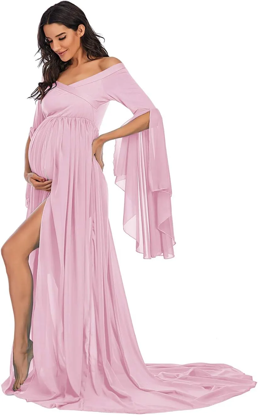ZIUMUDY Off Shoulder Maternity Maxi Chiffon Dress for Photo Shoot Bell Sleeves Split Dress for Photography Baby Shower