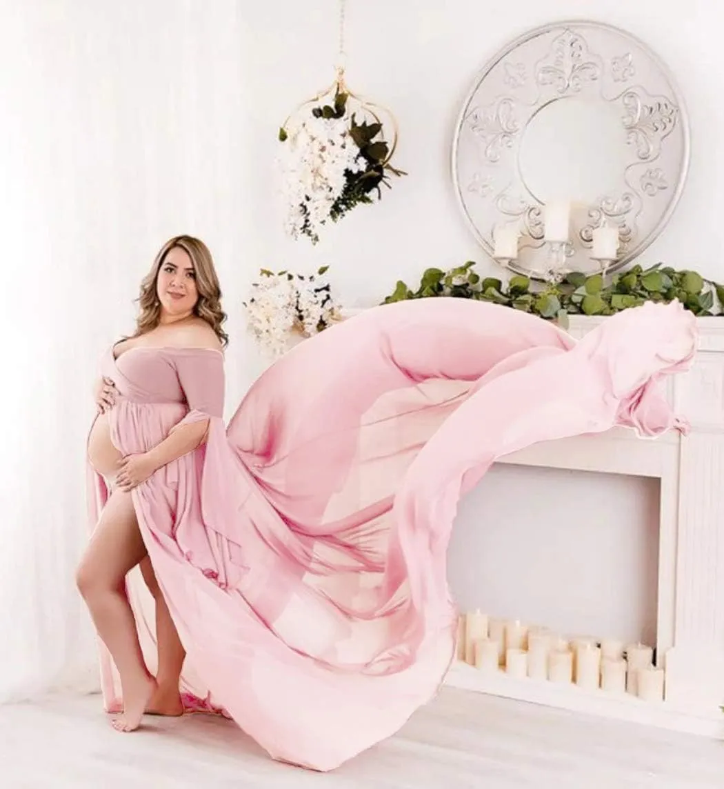 ZIUMUDY Off Shoulder Maternity Maxi Chiffon Dress for Photo Shoot Bell Sleeves Split Dress for Photography Baby Shower