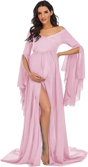 ZIUMUDY Off Shoulder Maternity Maxi Chiffon Dress for Photo Shoot Bell Sleeves Split Dress for Photography Baby Shower