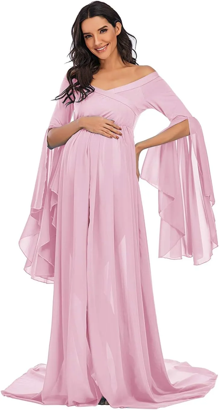 ZIUMUDY Off Shoulder Maternity Maxi Chiffon Dress for Photo Shoot Bell Sleeves Split Dress for Photography Baby Shower