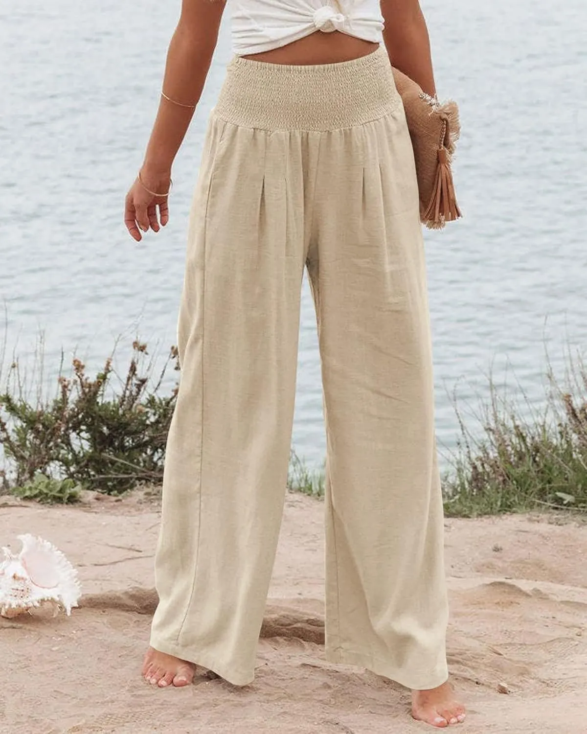 ZWRXW Womens Linen Wide Leg Pants High Waisted Palazzo Lounge Pant 2024 Summer Beach Work Boho Casual Trousers with Pockets
