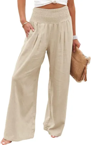 ZWRXW Womens Linen Wide Leg Pants High Waisted Palazzo Lounge Pant 2024 Summer Beach Work Boho Casual Trousers with Pockets
