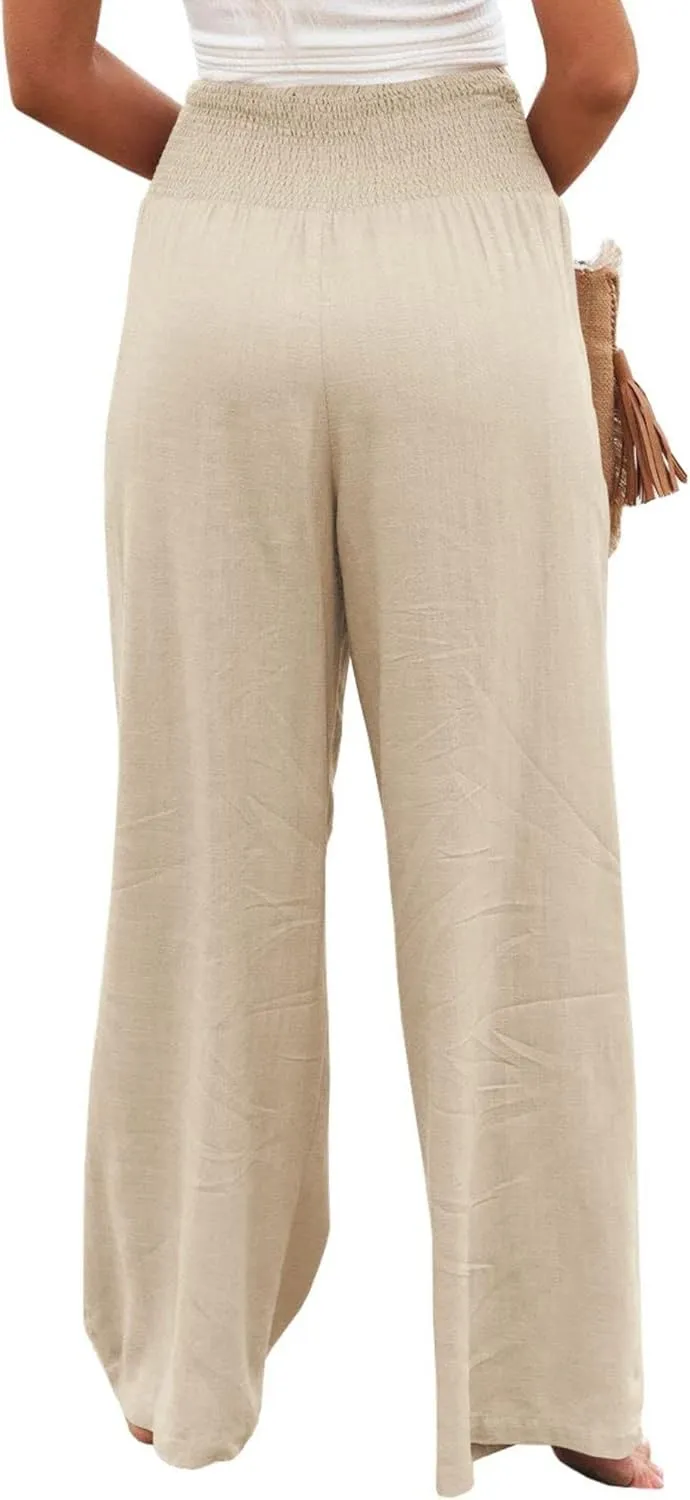 ZWRXW Womens Linen Wide Leg Pants High Waisted Palazzo Lounge Pant 2024 Summer Beach Work Boho Casual Trousers with Pockets