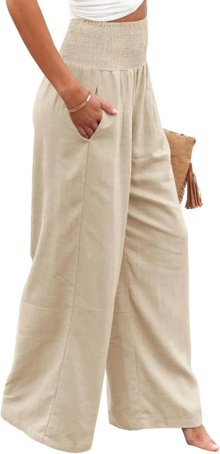 ZWRXW Womens Linen Wide Leg Pants High Waisted Palazzo Lounge Pant 2024 Summer Beach Work Boho Casual Trousers with Pockets