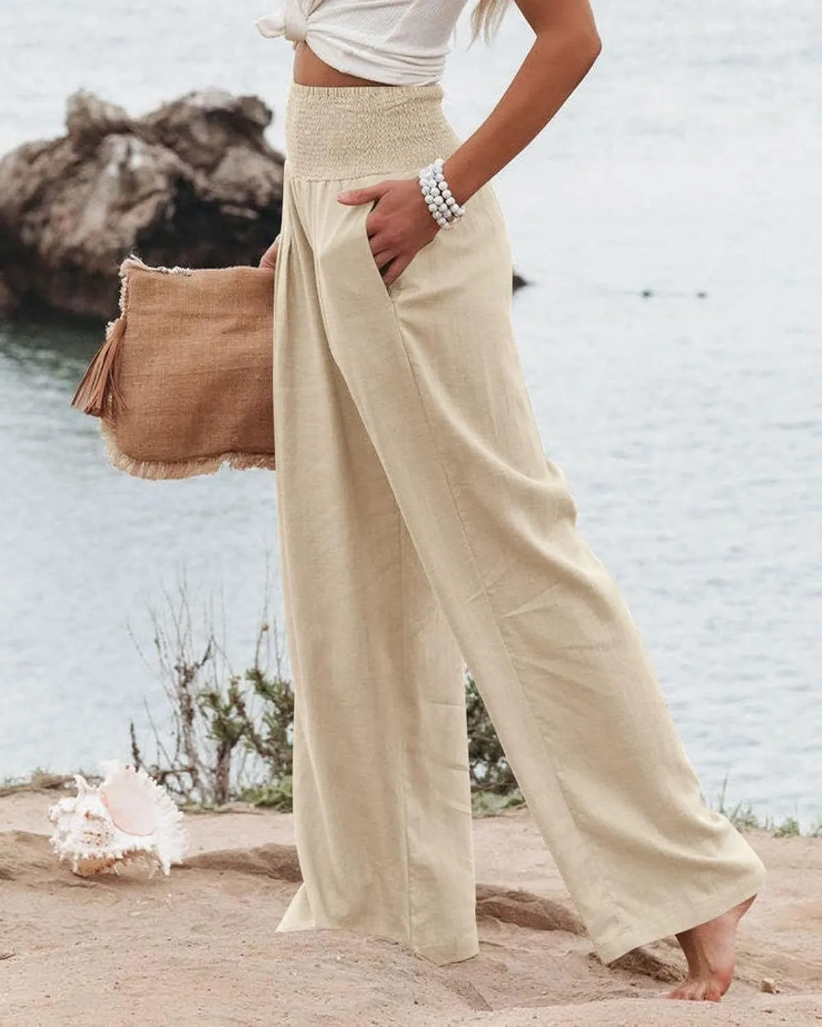 ZWRXW Womens Linen Wide Leg Pants High Waisted Palazzo Lounge Pant 2024 Summer Beach Work Boho Casual Trousers with Pockets